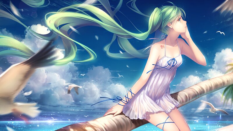 Green-haired Girl on Beach — Blue, Serene