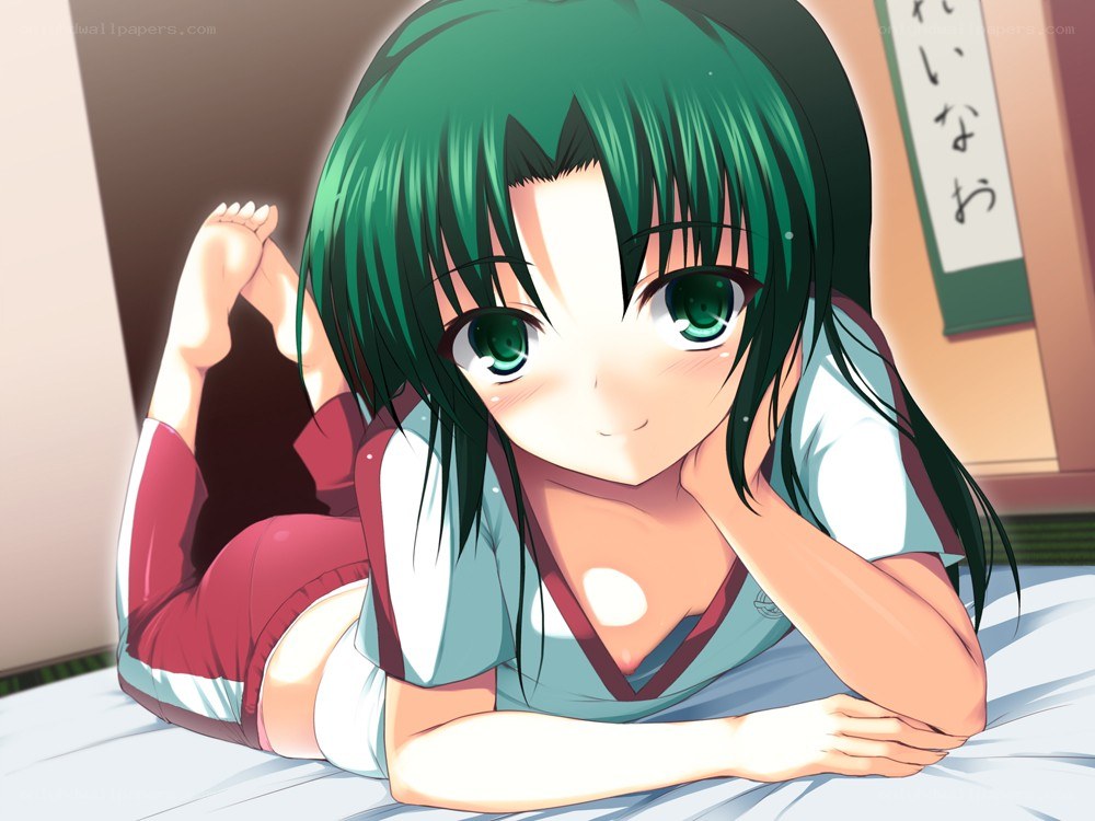 green-haired girl on bed