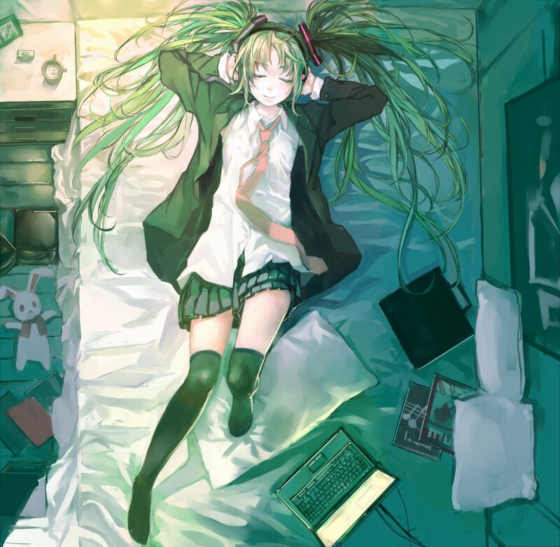 Green-haired Girl on Bed — Green, Calm