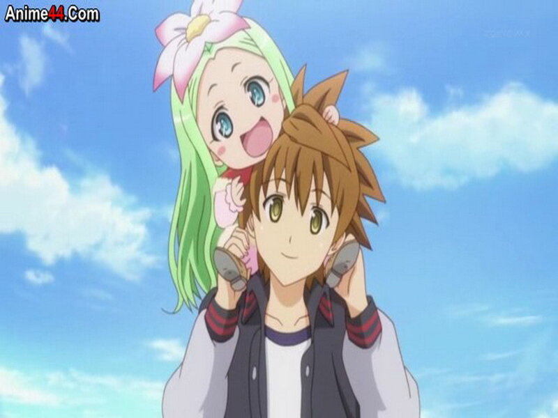 Green-haired Girl on Boy's Back
