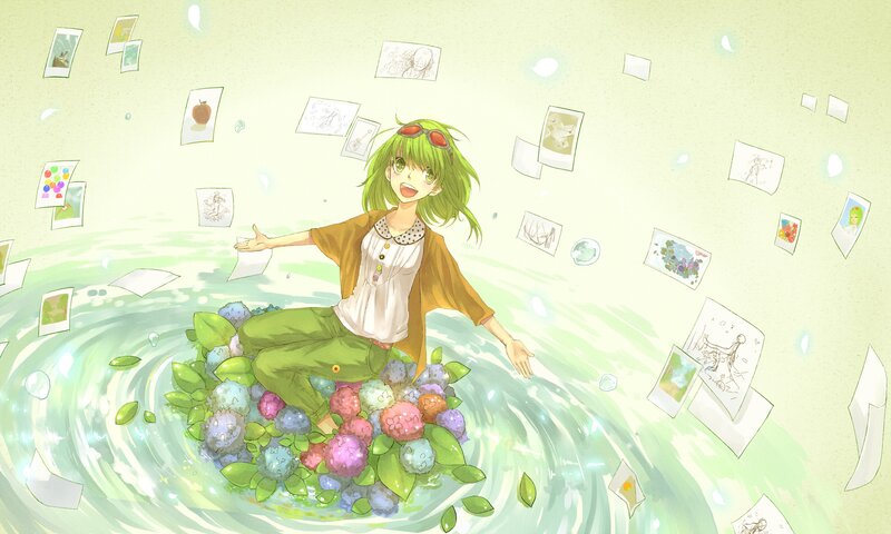 green-haired girl on flower raft