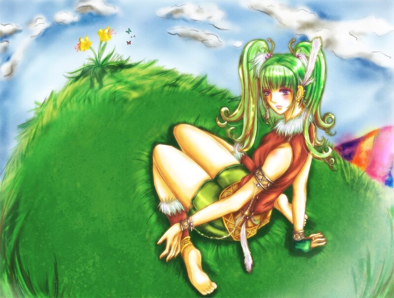 Green-haired Girl on Hill