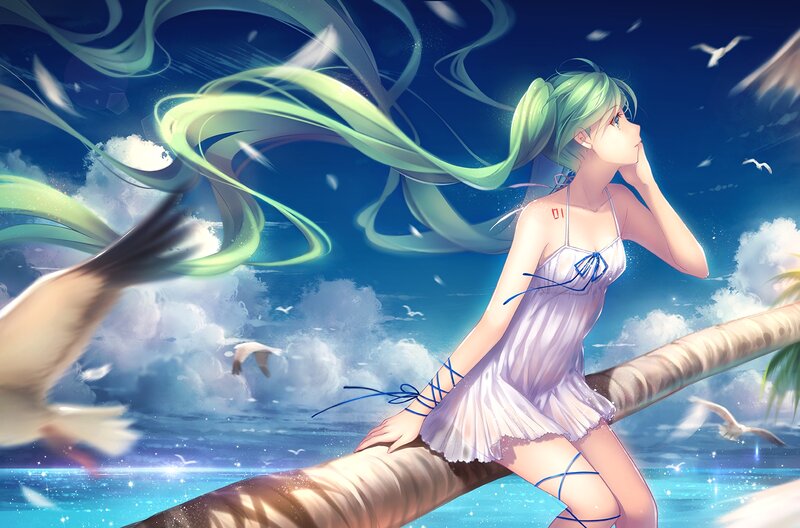 Green-haired Girl on Palm Tree