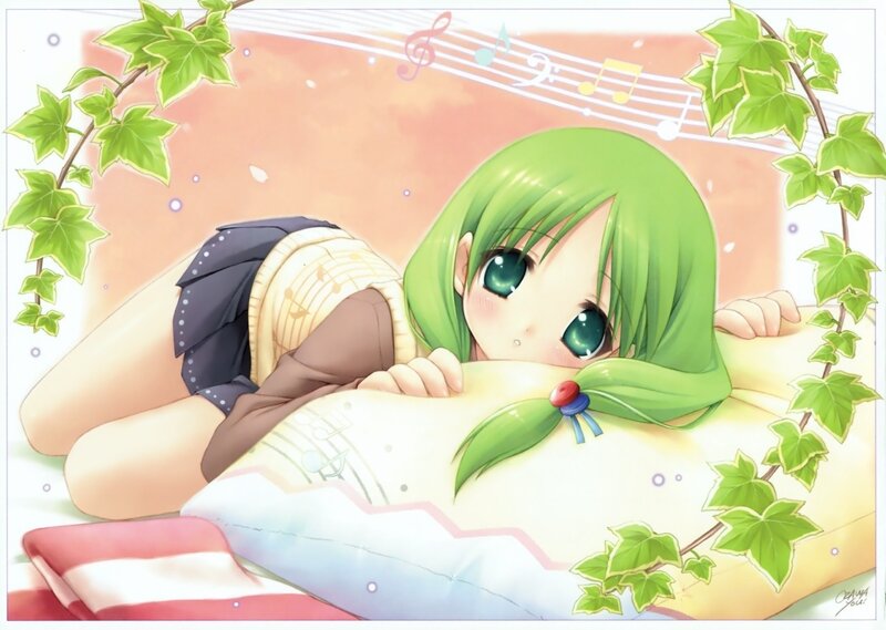 Green-haired girl on pillow