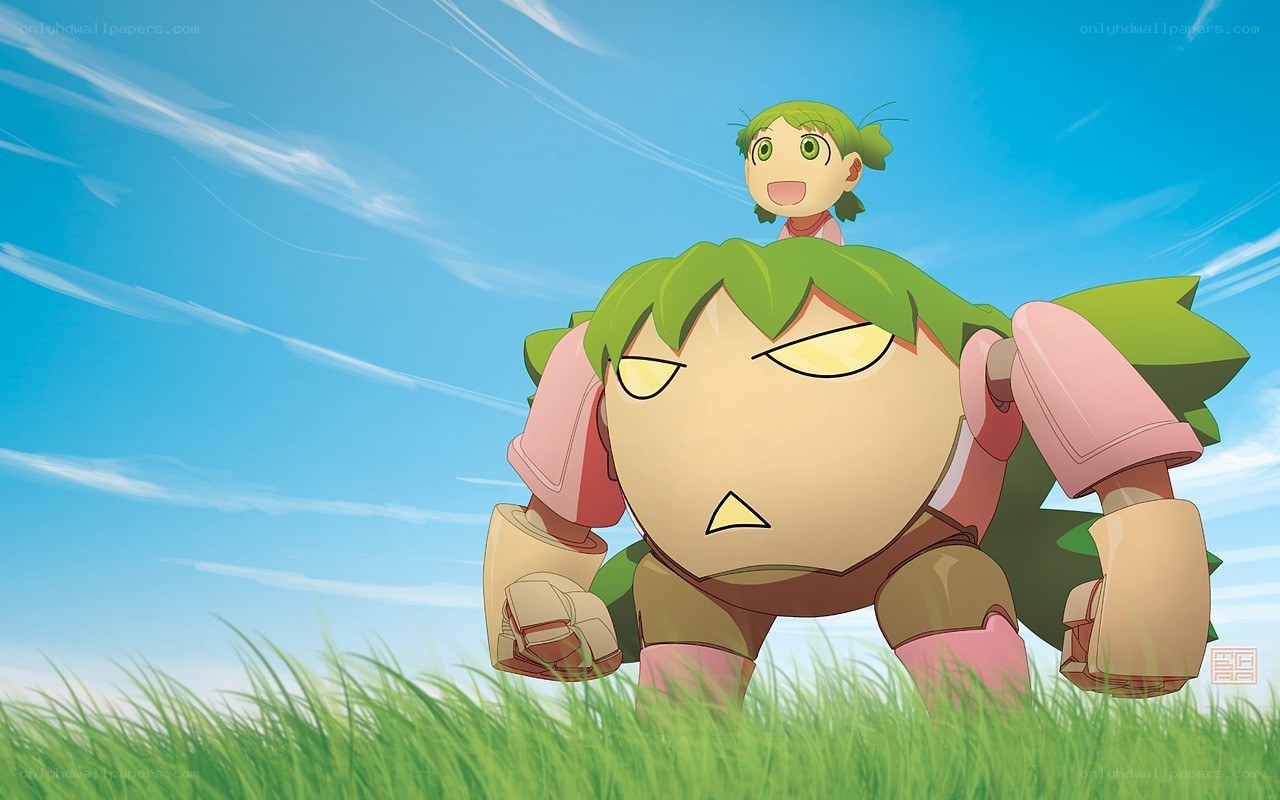 green-haired girl on robot's back