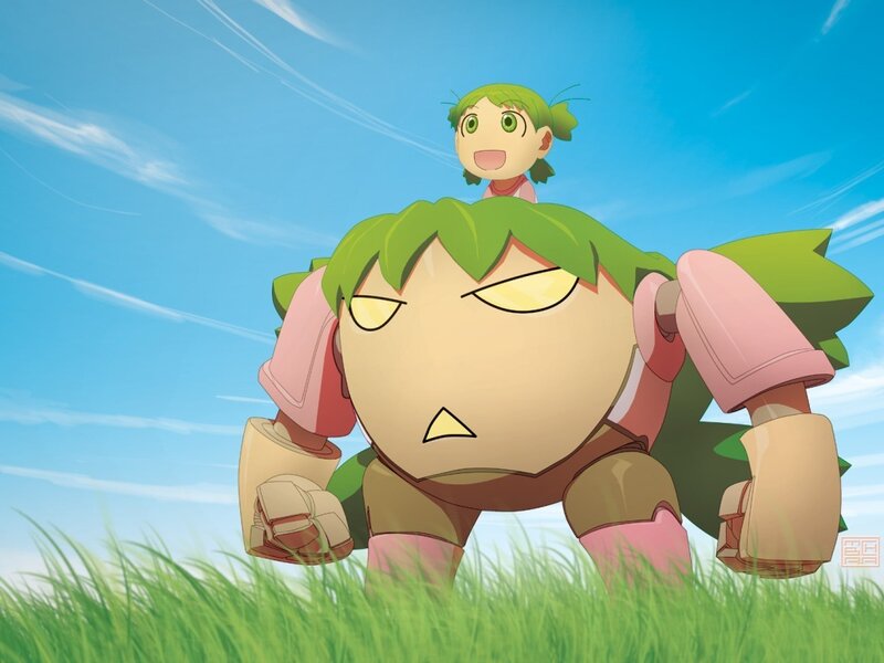 green-haired girl on robot's back