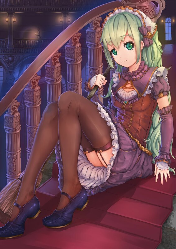 green-haired girl on stairs