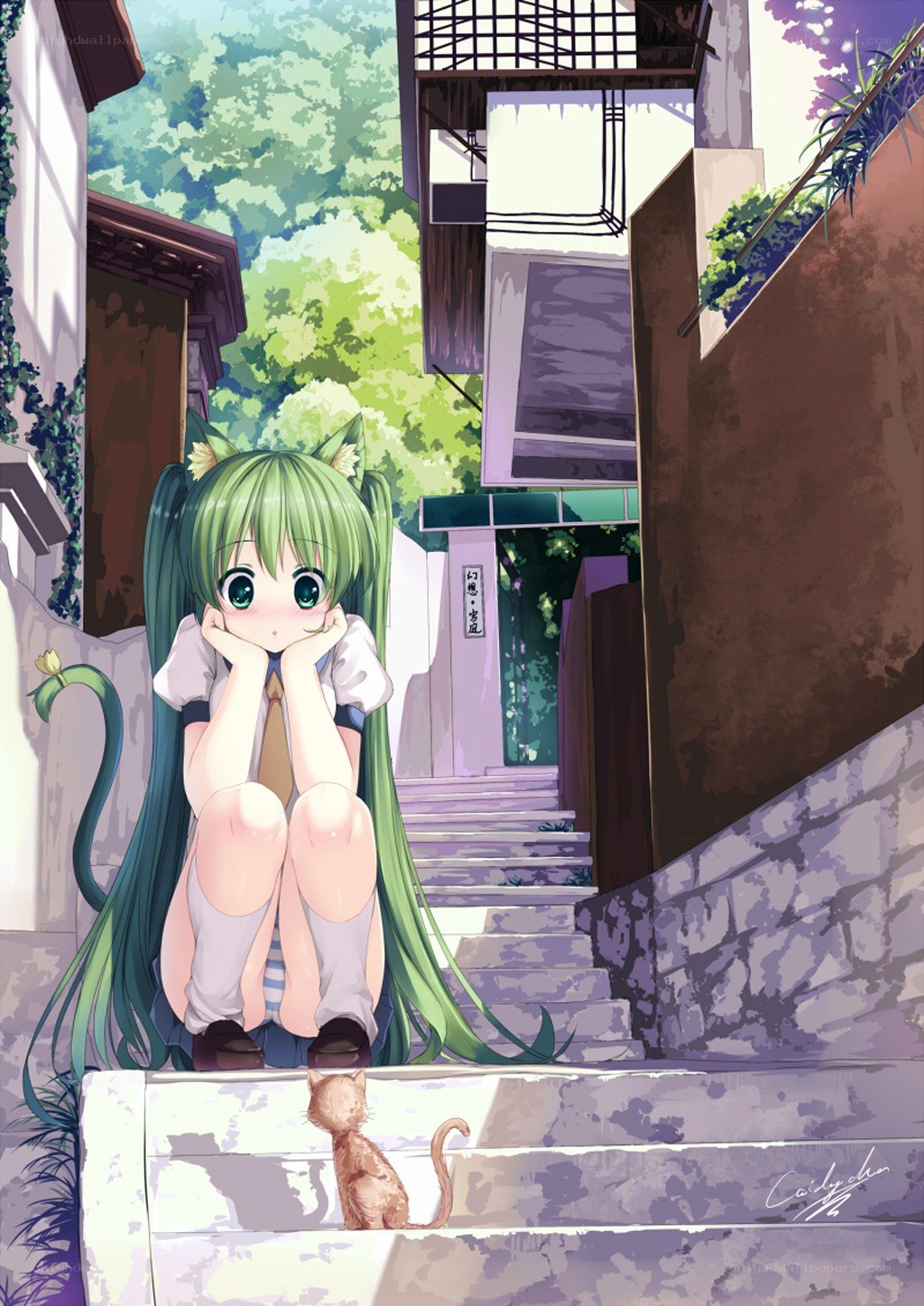 Green-haired girl on steps