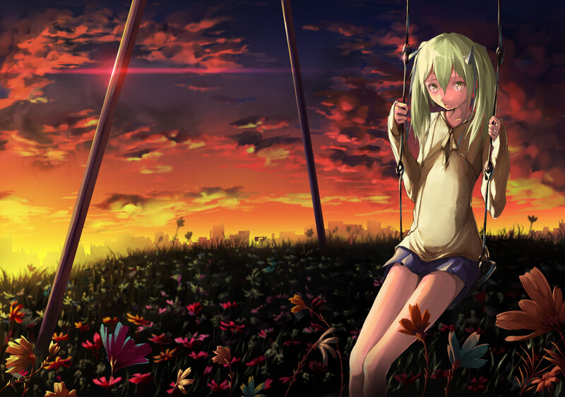 Green-haired Girl on Swing — Orange