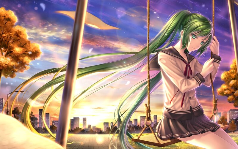 Green-haired Girl on Swing
