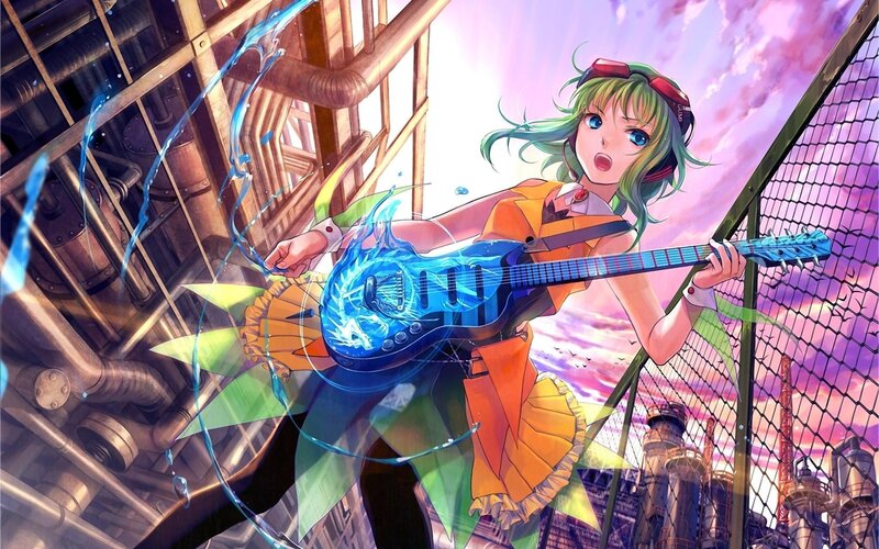 Green-haired Girl Playing Guitar — Blue, Dramatic