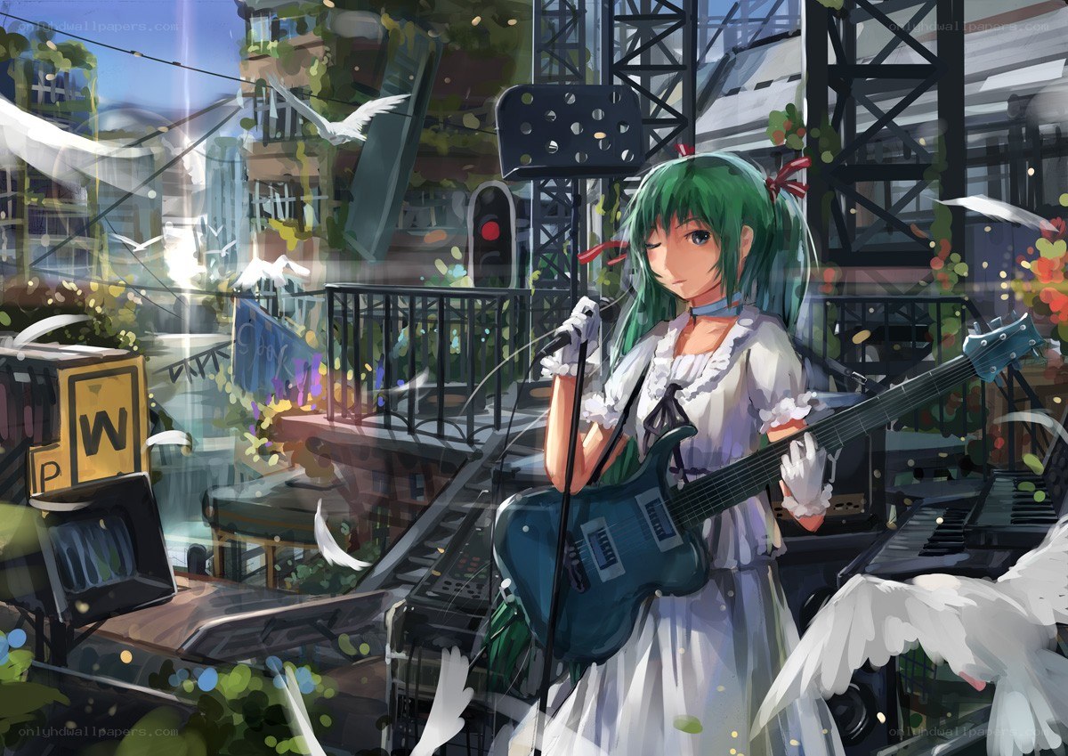 Green-haired girl playing guitar