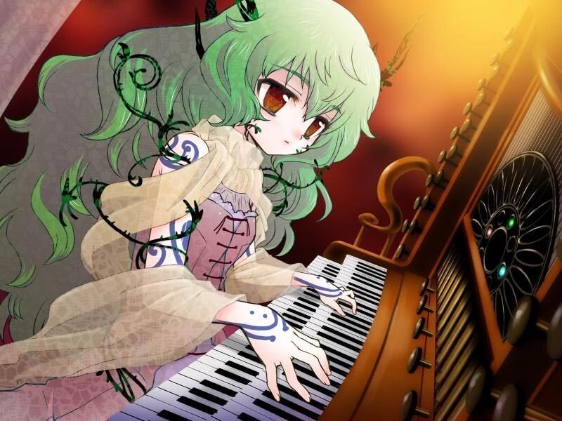 green-haired girl playing piano