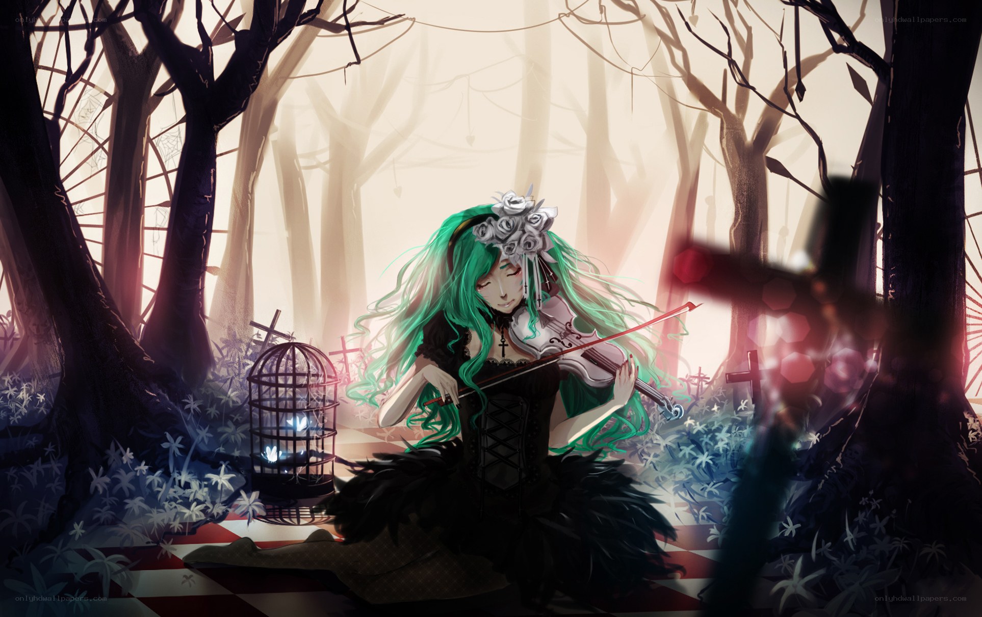 Green-haired girl playing violin
