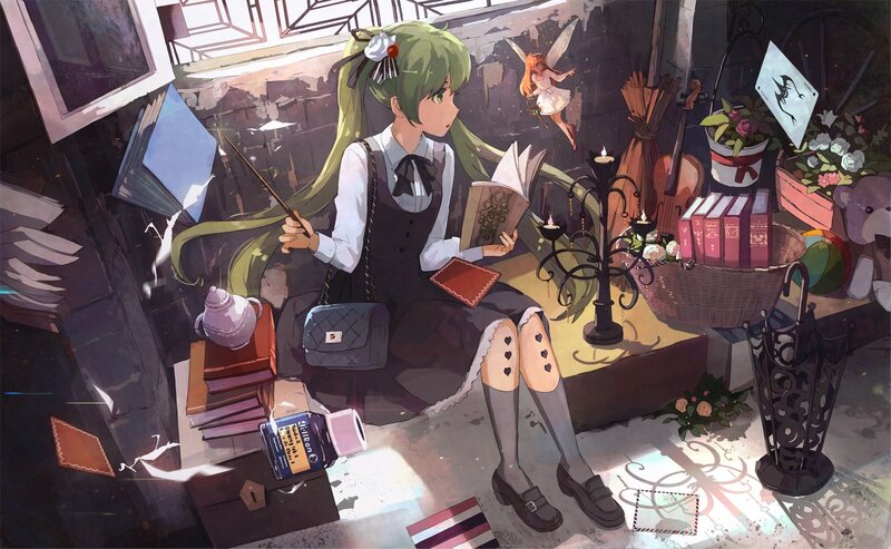 Green-haired Girl Reading — Green, Calm, Afternoon