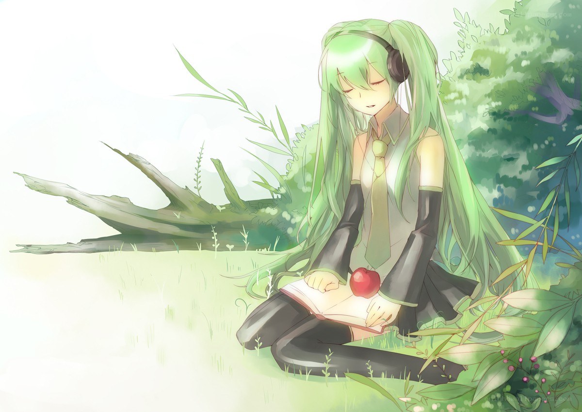 green-haired girl reading in a field