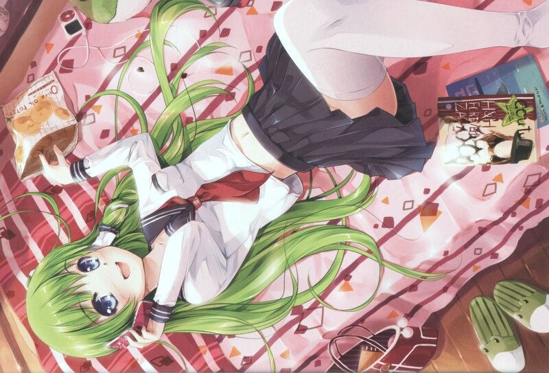 green-haired girl relaxing on blanket