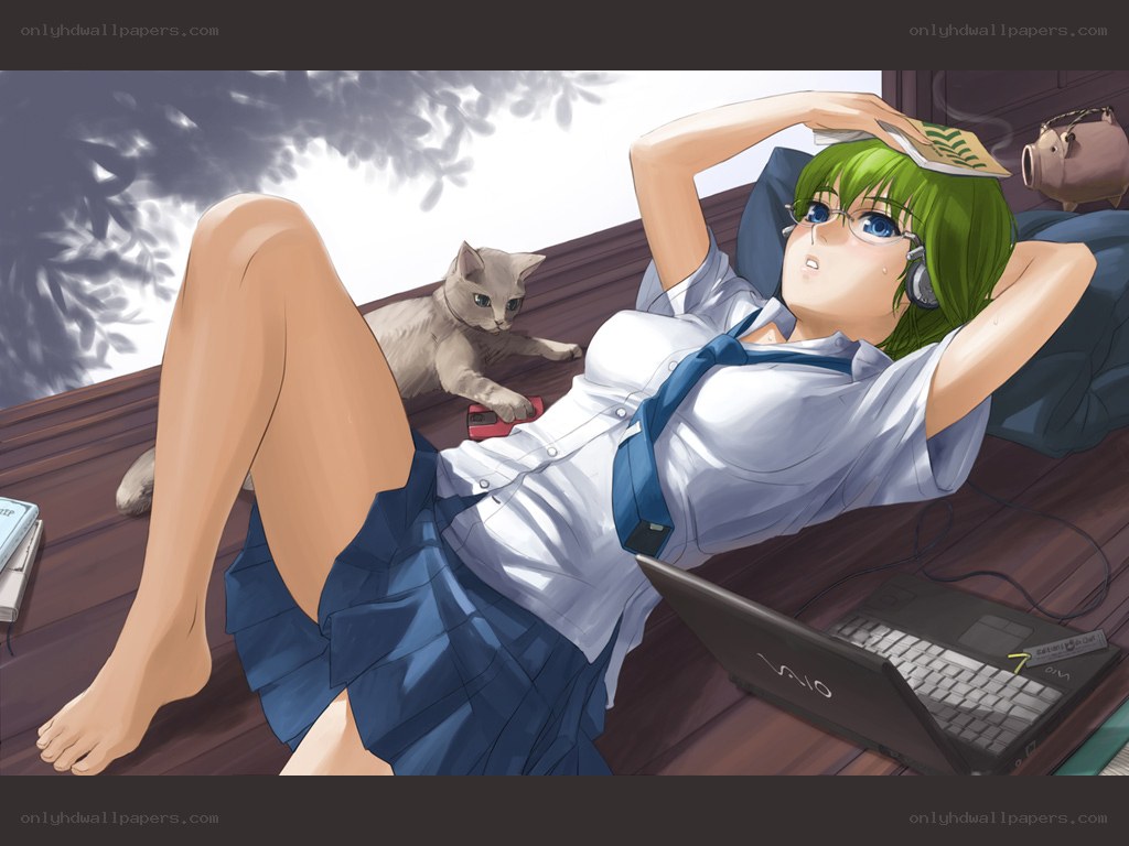 Green-haired girl relaxing with cat