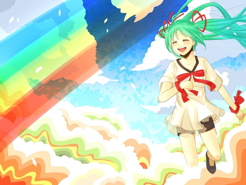 green-haired girl running in rainbow sky