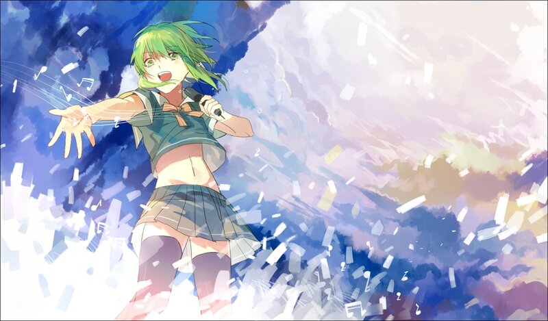 green-haired girl singing with music notes