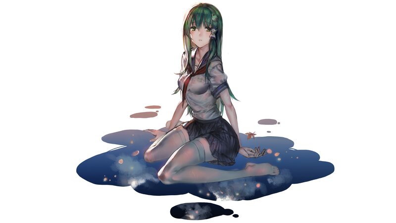 Green-haired Girl Sitting — Blue, Calm