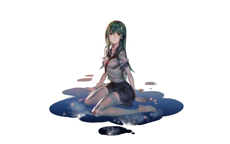 Green-haired Girl Sitting — Blue, Serene