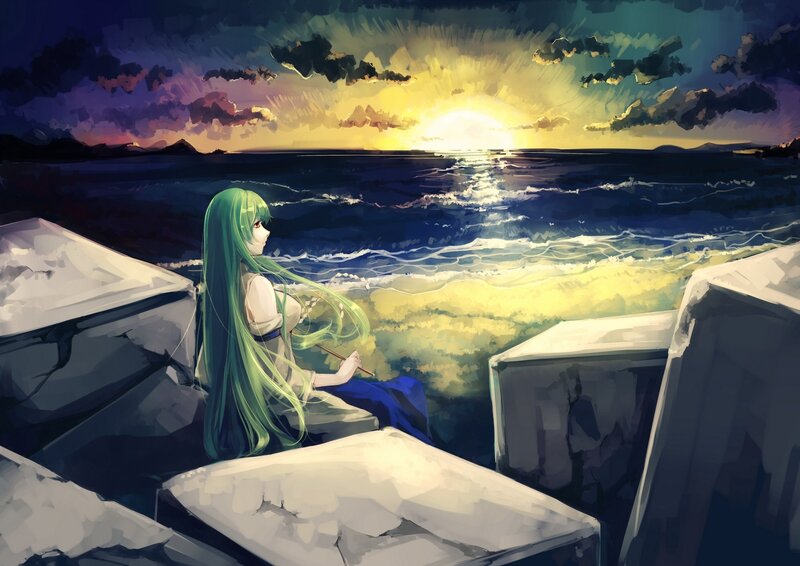 Green-haired Girl Sitting — Blue