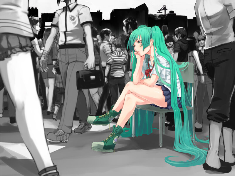 Green-haired Girl Sitting — Cyan