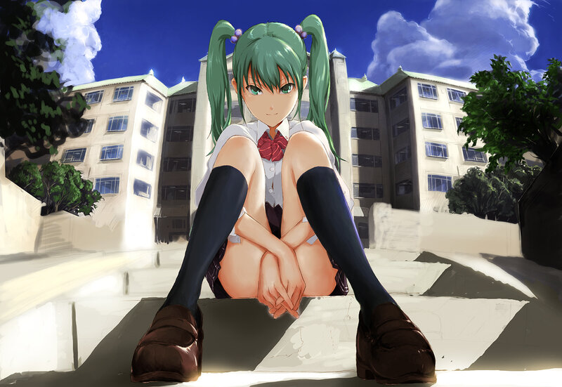 Green-haired Girl Sitting — Green, Calm, Afternoon, Anime, School Building