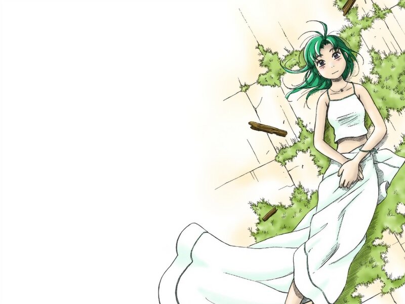 Green-haired Girl Sitting — Green, Calm, Afternoon, Manga