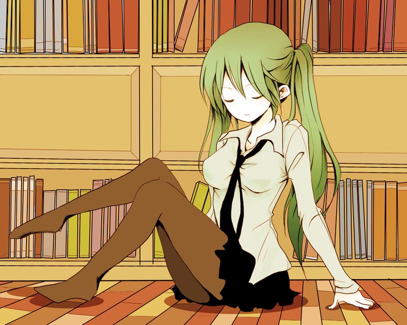 Green-haired Girl Sitting — Green, Calm, Anime, Bookshelf