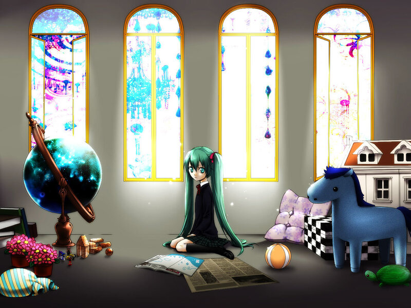 Green-haired Girl Sitting — Green, Calm, Anime, Globe