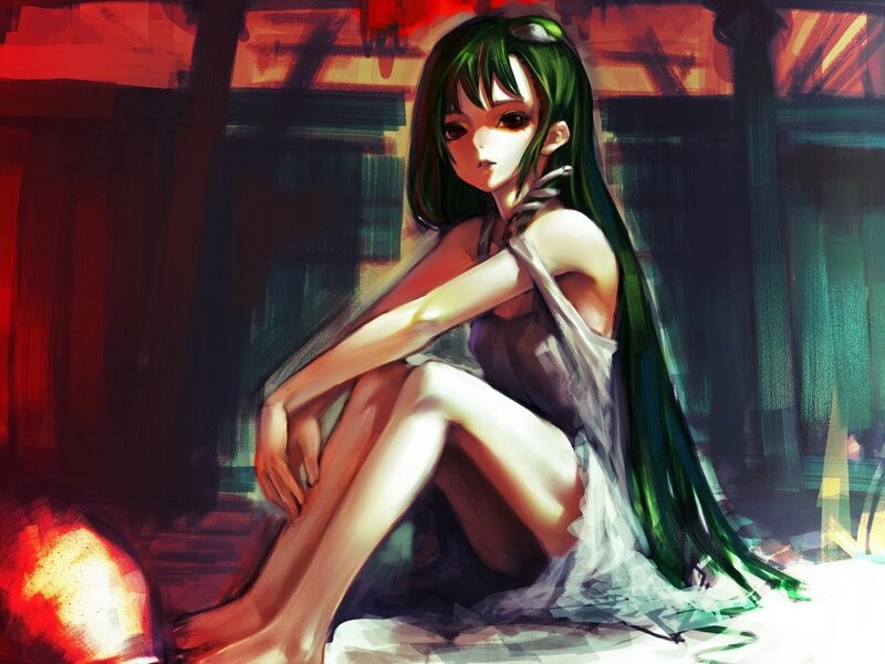 Green-haired Girl Sitting — Green, Dramatic