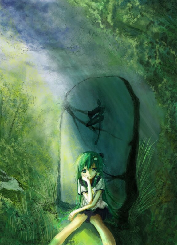 Green-haired Girl Sitting — Green, Melancholic, Afternoon