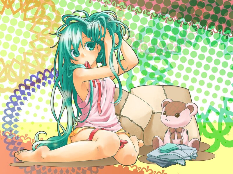 Green-haired Girl Sitting — Green, Playful, Anime