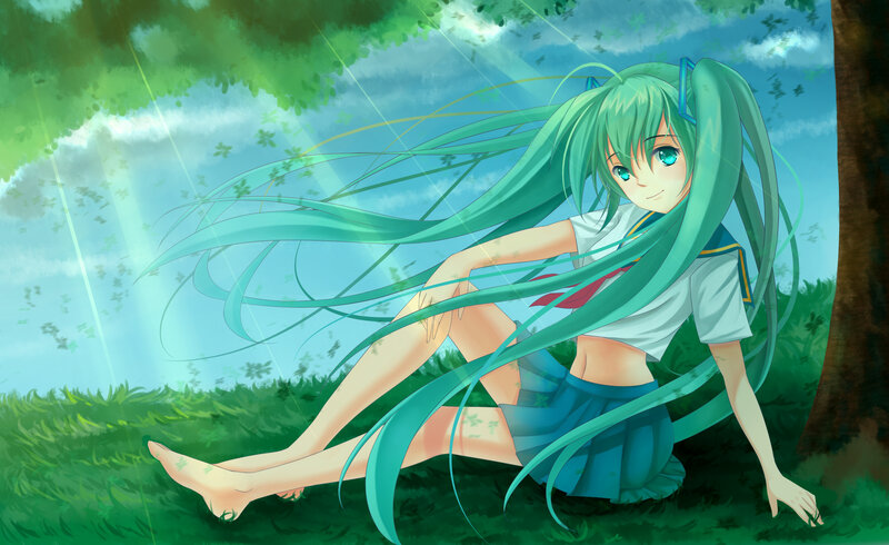 Green-haired Girl Sitting — Green, Serene, Afternoon, Anime, Grass