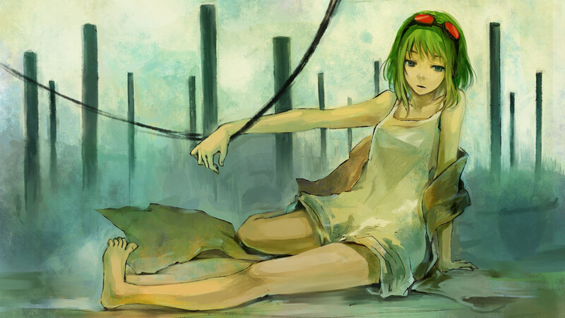 green-haired girl sitting on ground