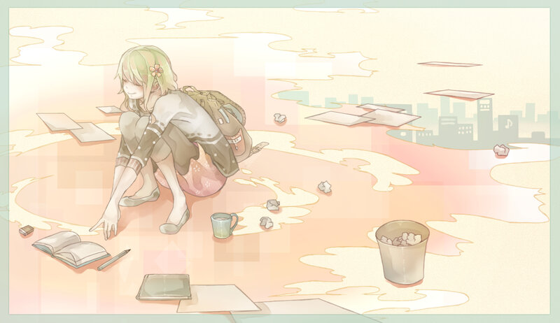 Green-haired Girl Sitting — Pink, Calm