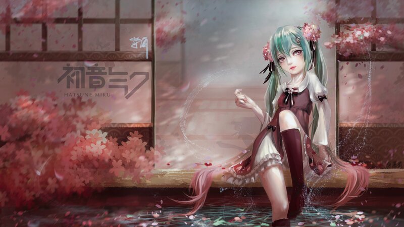 Green-haired Girl Sitting — Pink, Serene