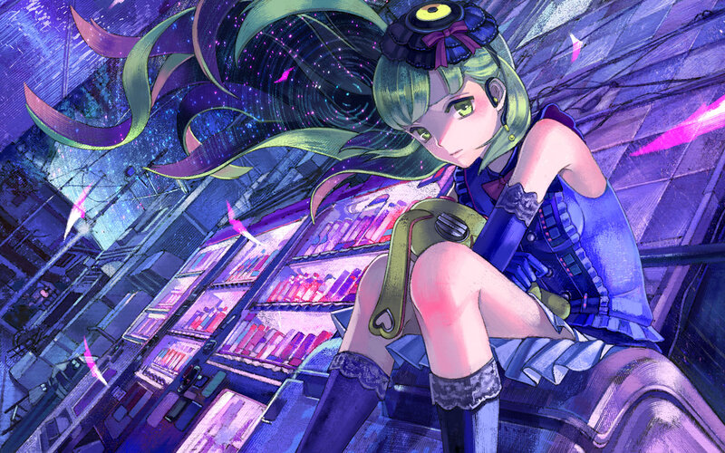 Green-haired Girl Sitting — Purple