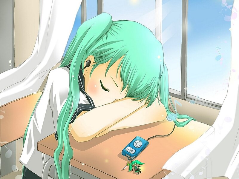 Green-haired girl sleeping at desk