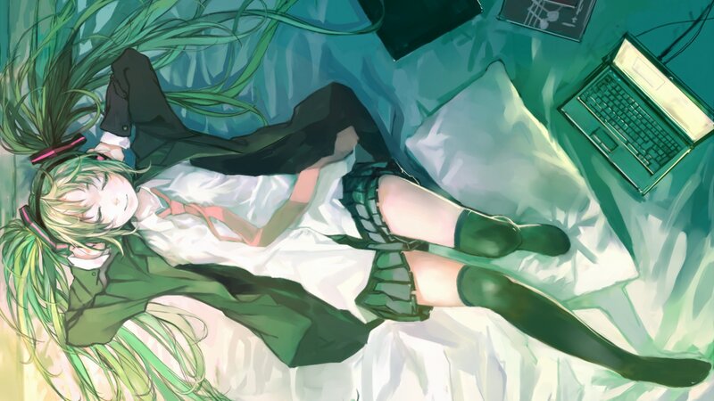 Green-haired Girl Sleeping — Green, Calm, Anime
