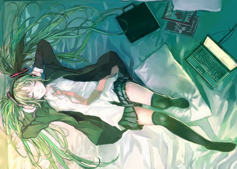 green-haired girl sleeping on bed