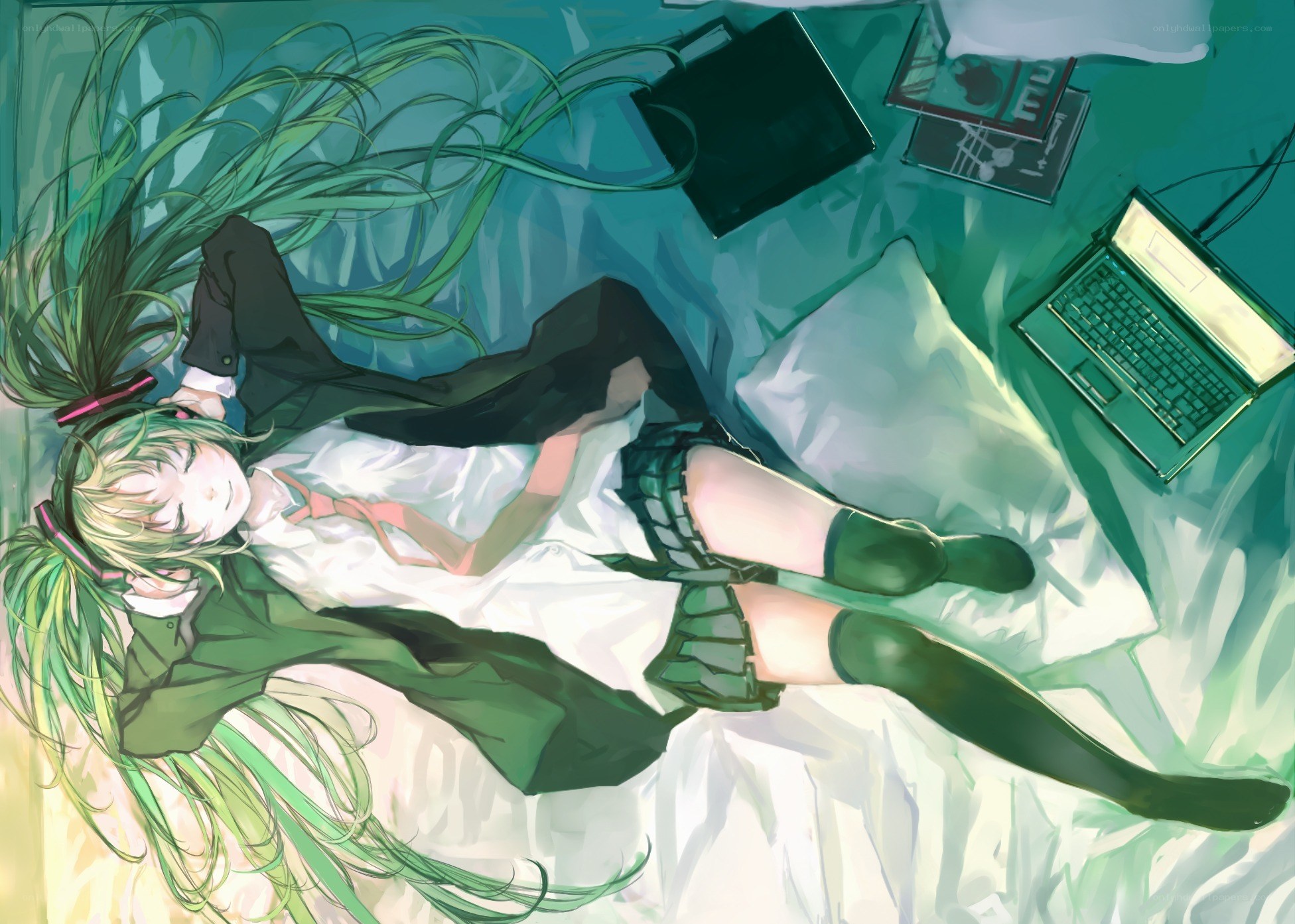 green-haired girl sleeping on bed