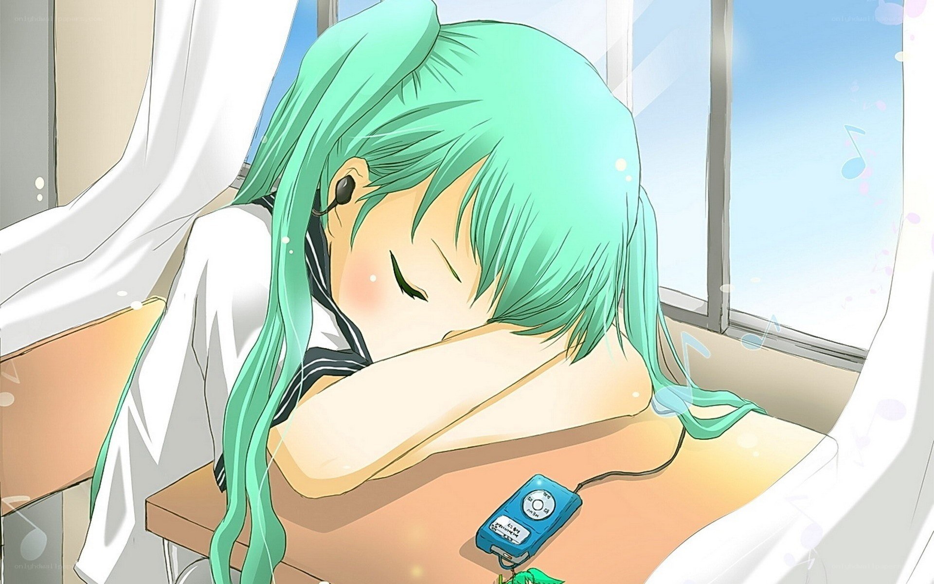 green-haired girl sleeping on desk