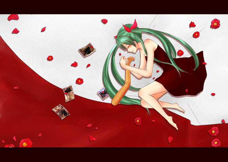 green-haired girl sleeping on red cloth