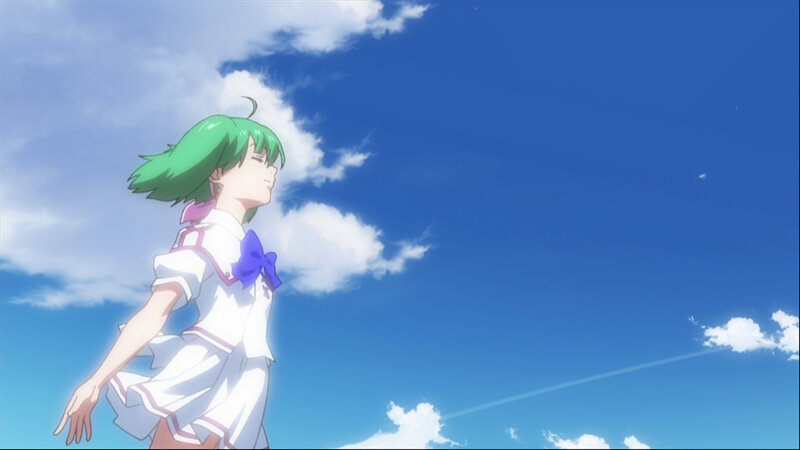 green-haired girl under blue sky