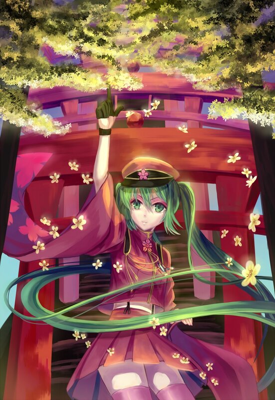 green-haired girl under cherry blossoms