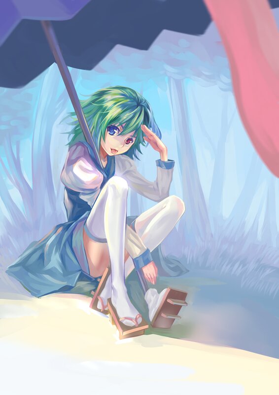 Green-haired girl under umbrella