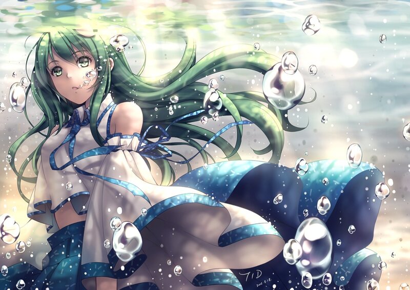 Green-haired Girl Underwater — Blue, Serene, Anime, Bubbles, Dress